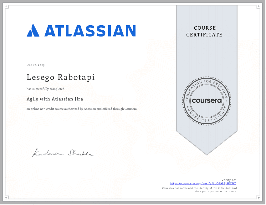 Agile with Atlassian Jira certificate