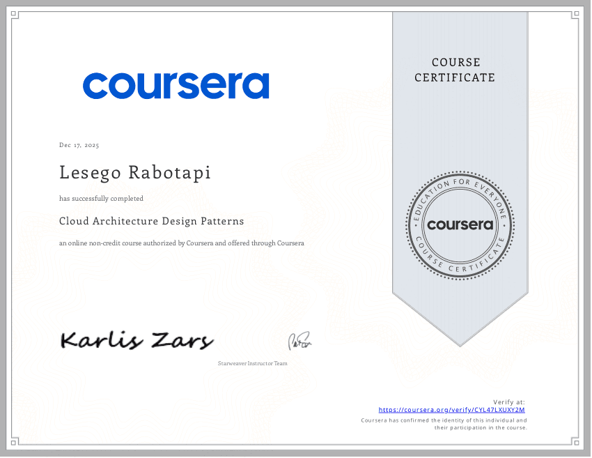 Cloud Architecture Design Patterns certificate