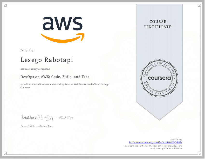 DevOps on AWS: Code, Build, and Test certificate