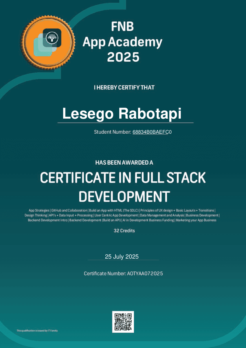Full Stack Development certificate