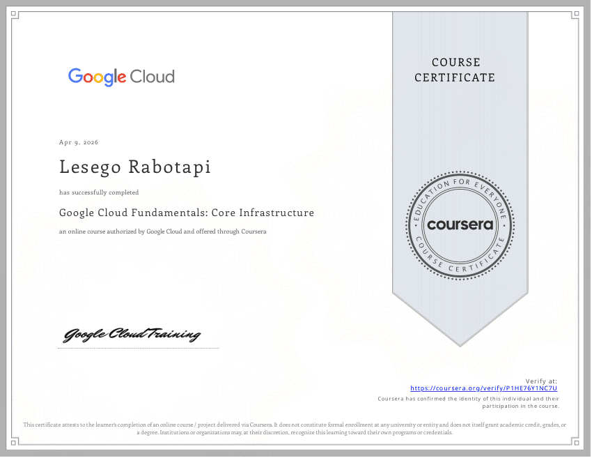 Google Cloud Fundamentals: Core Infrastructure certificate